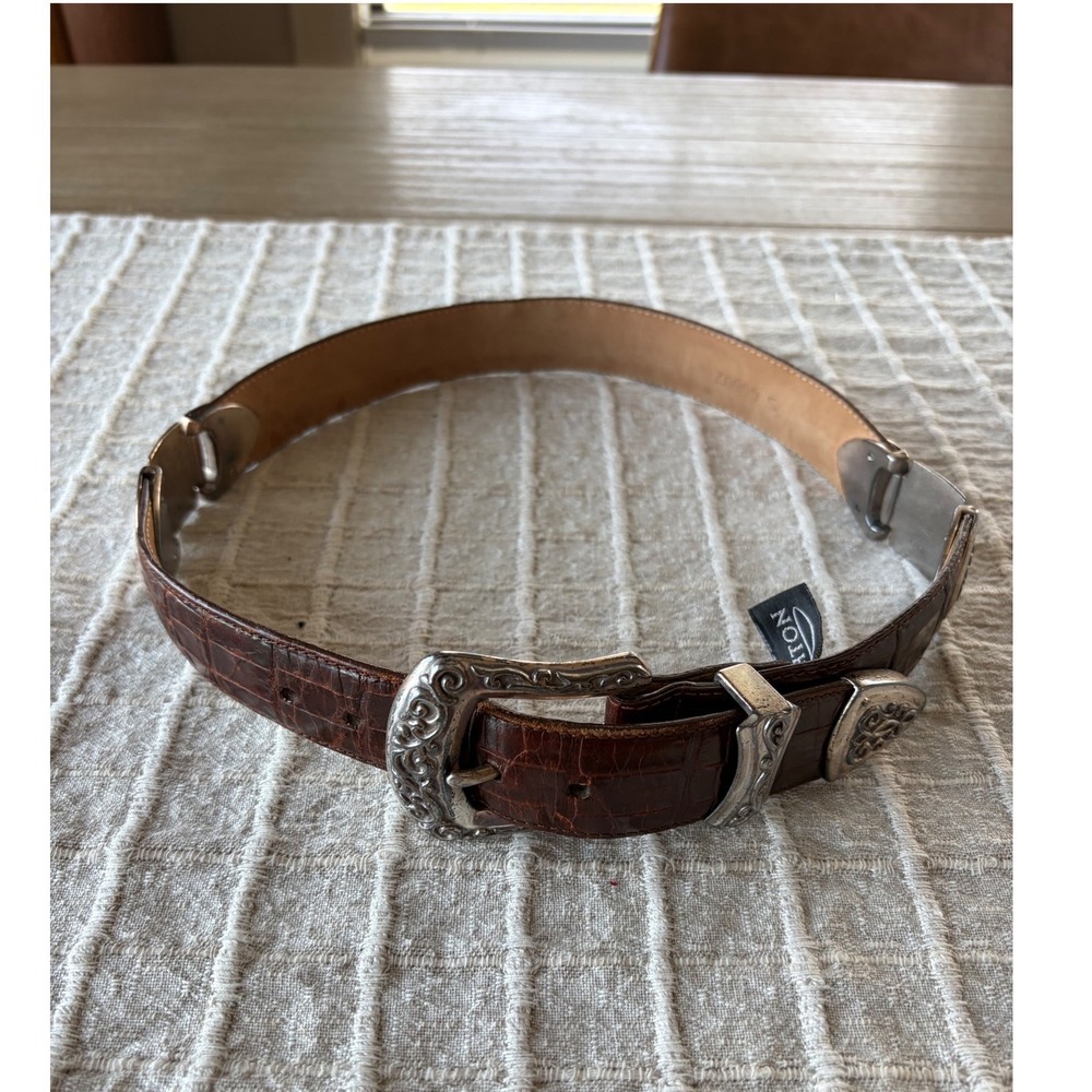 1994 Brighton Womens Brown Embossed Leather Western Belt Silver Filigree Buckle